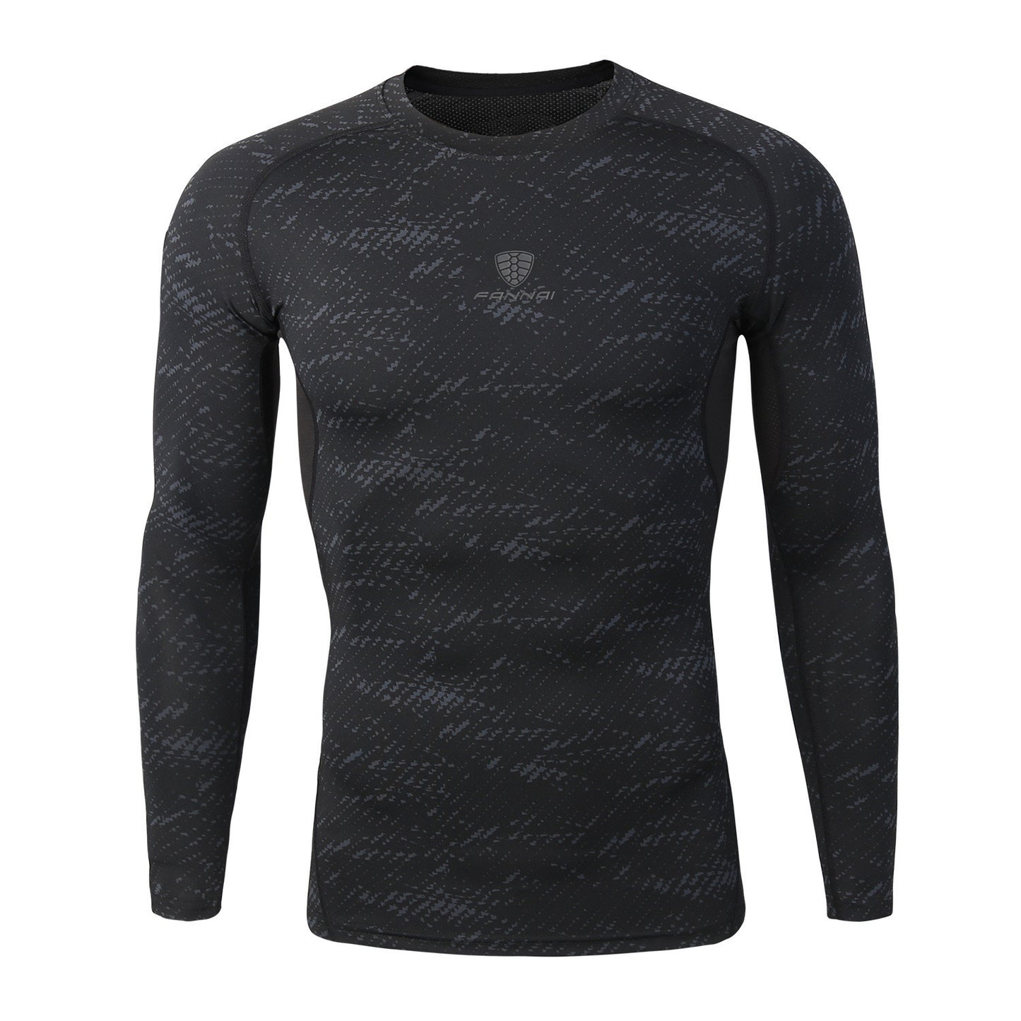Black long-sleeve athletic shirt with subtle pattern on a white background