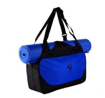 Blue and black gym bag with a yoga mat inside on a white background