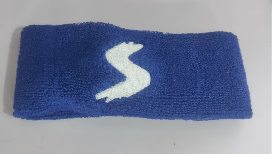 Blue towel with a white logo on a gray background