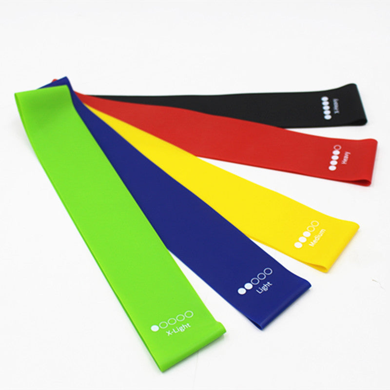 Set of colorful resistance bands with a brand logo on a white background