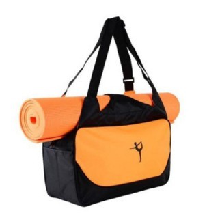 Orange and black bag with a yoga mat on a white background