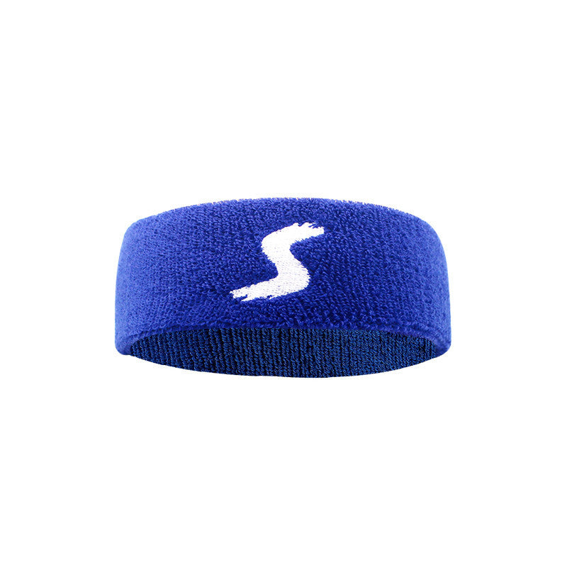 Blue headband with a white logo on a white background