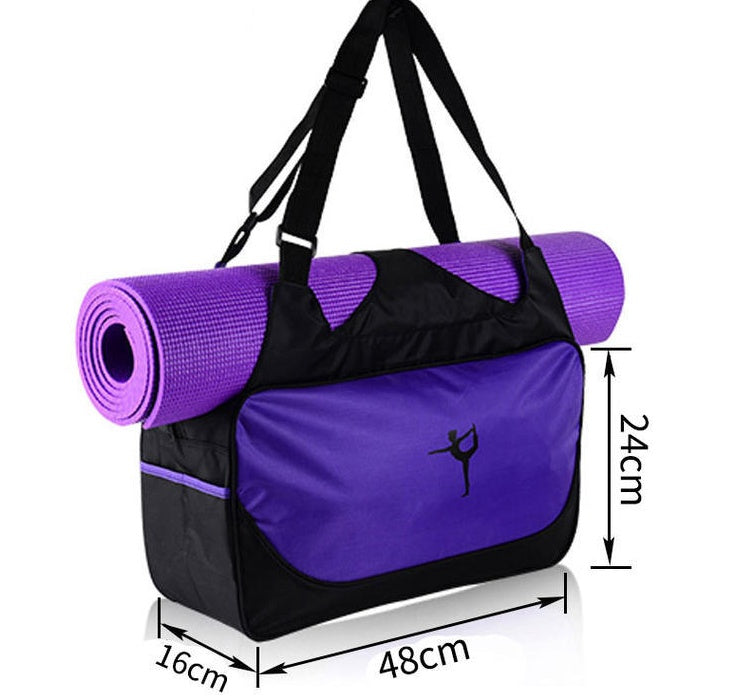 Purple and black gym bag with yoga mat, measurements indicated