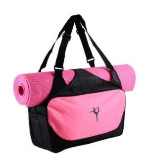 Pink and black gym bag with a yoga mat on a white background