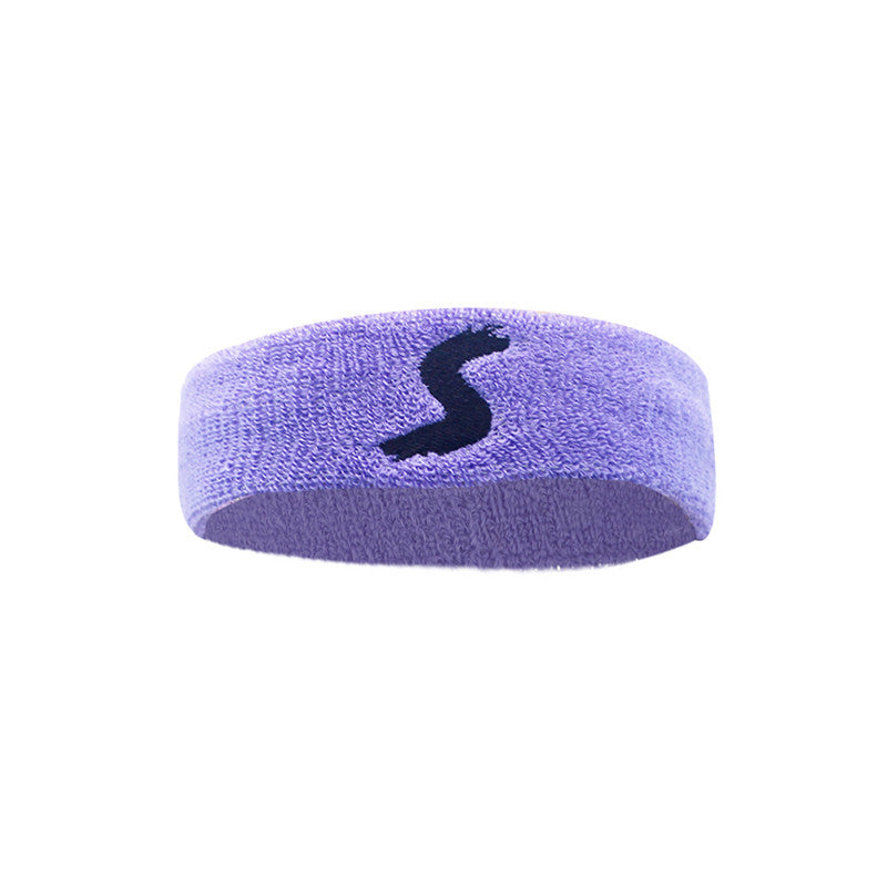 Purple headband with a black logo on a white background