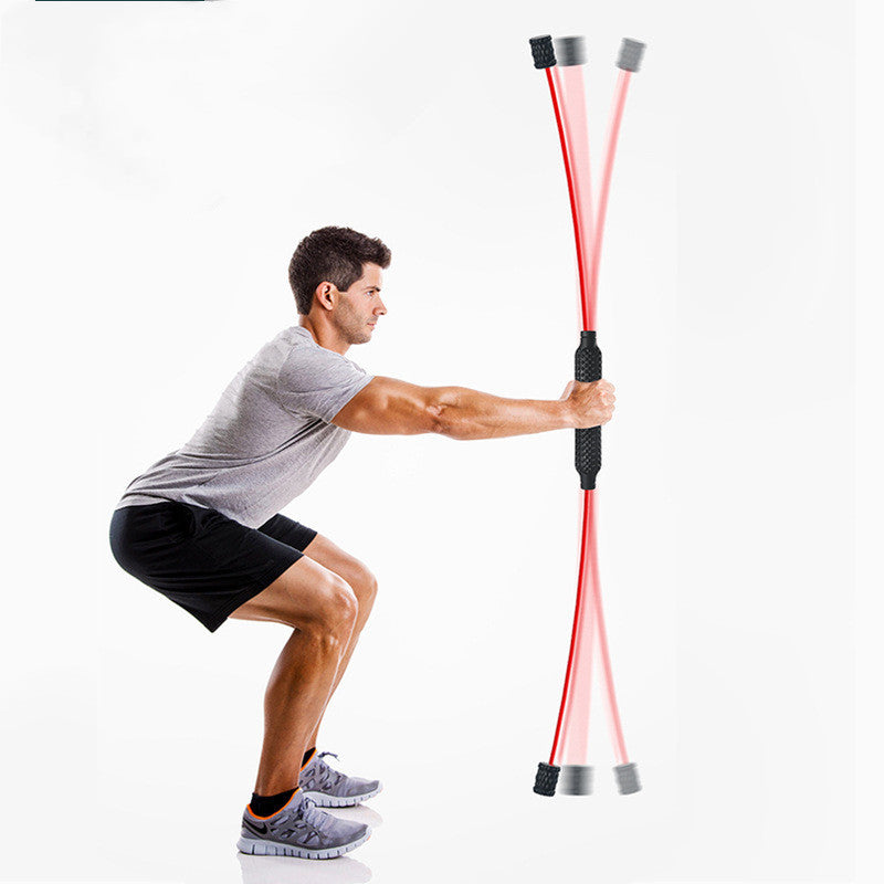 Man exercising with a red resistance band on a white background