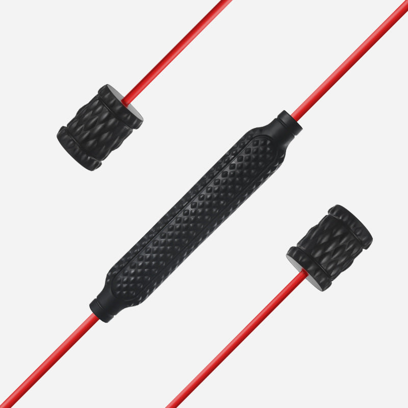 Black textured cable connector with red wires on a white background