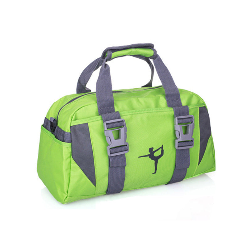 Green duffel bag with gray straps on a white background