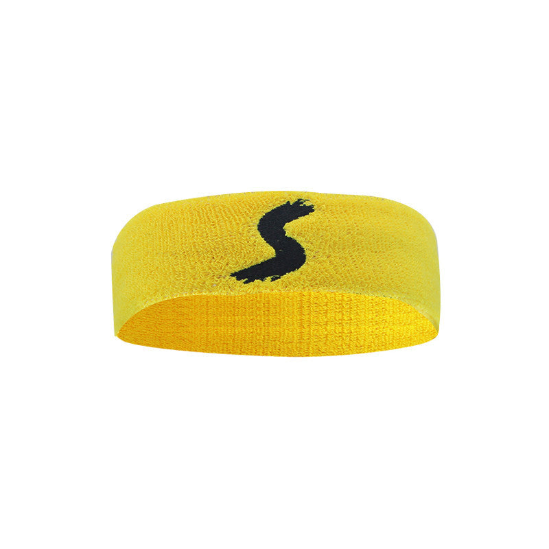 Yellow headband with a black logo on a white background