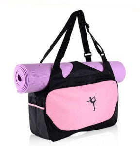 Pink and black tote bag with a yoga mat on a white background