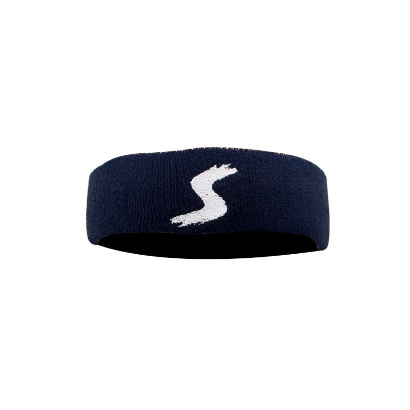 Navy headband with a white logo on a white background