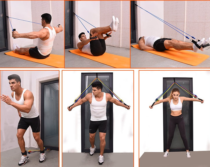 Collage of a person using resistance bands for various exercises in different settings.