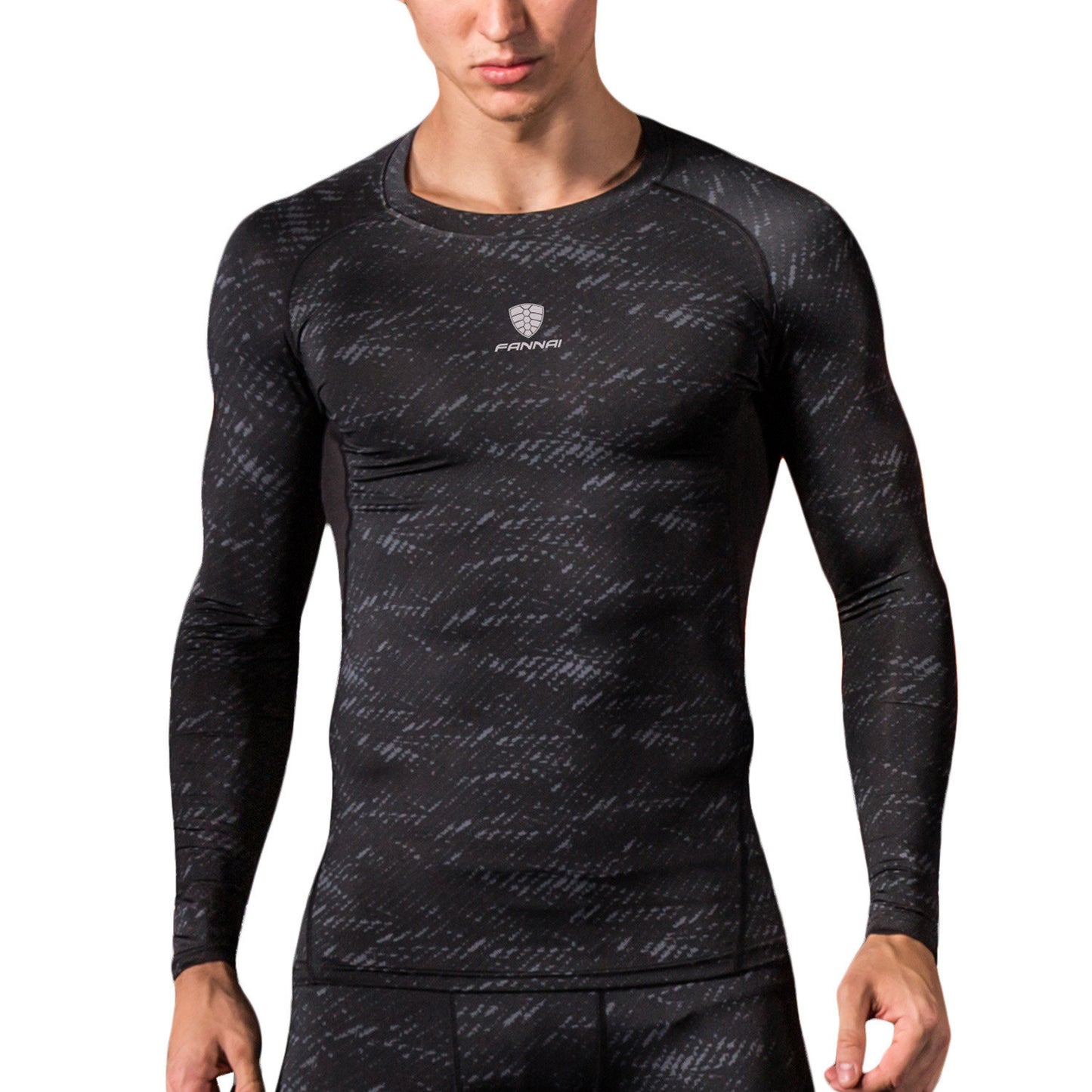 Black long-sleeve compression shirt with a brand logo on a white background