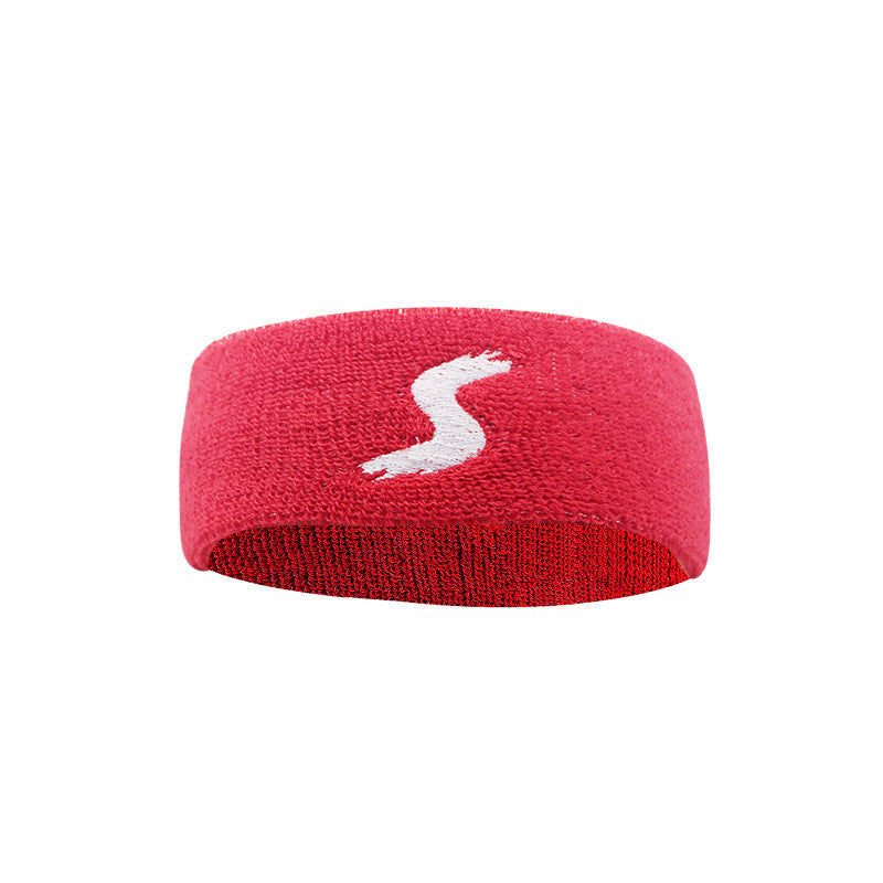 Red headband with a white logo on a white background