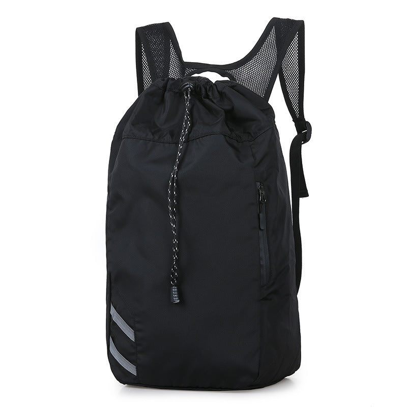Black drawstring backpack with mesh side panels on a white background