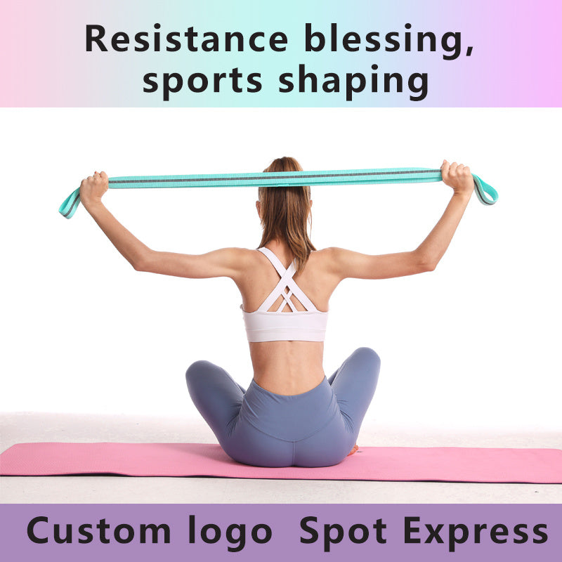 Person using a resistance band on a pink mat with text about resistance training and sports shaping.