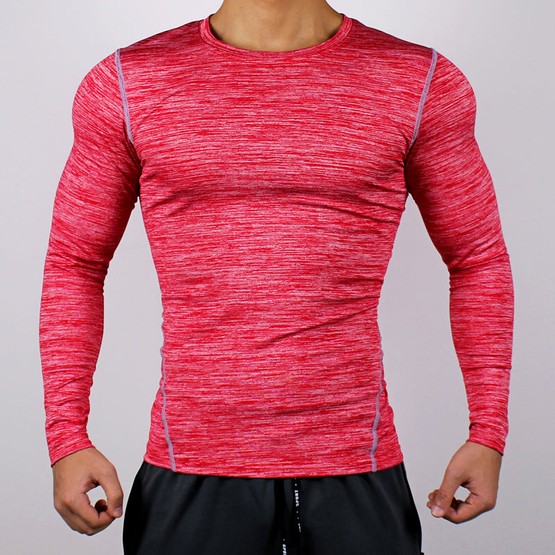 Red long-sleeve athletic shirt on a gray background