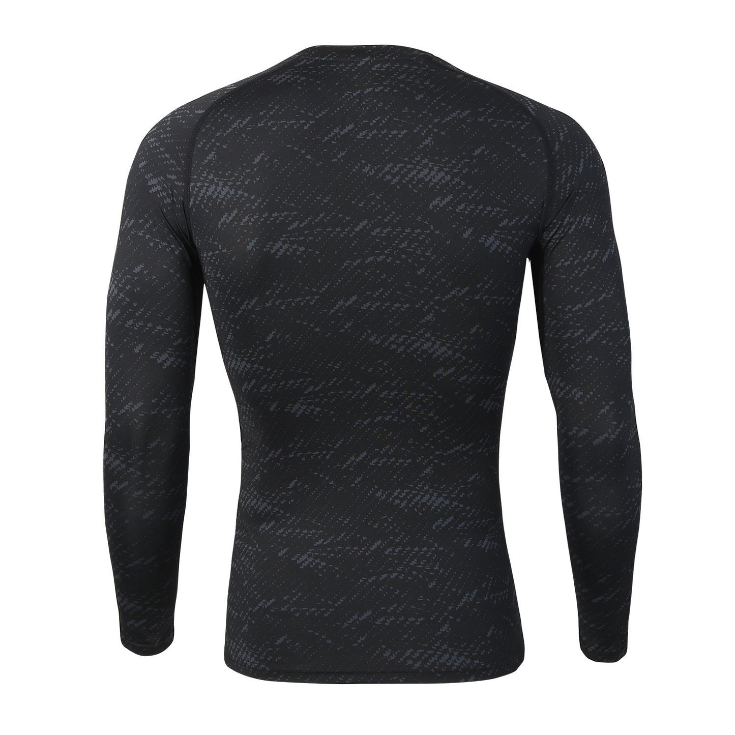 Black long-sleeve shirt with a subtle pattern on a white background