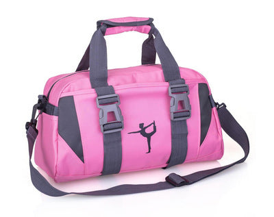 Pink duffel bag with gray straps on a white background