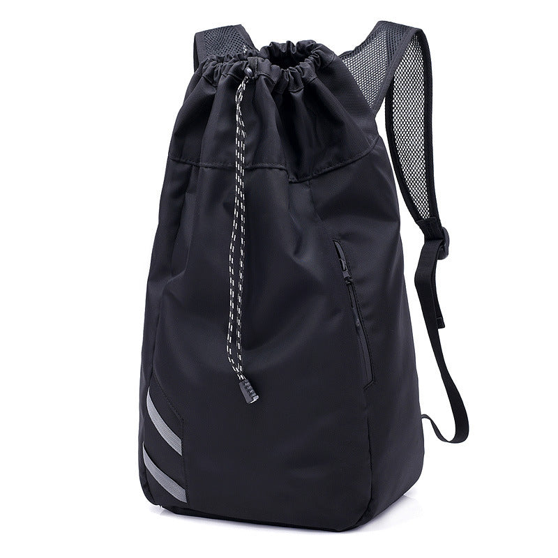 Black drawstring backpack with mesh side on a white background