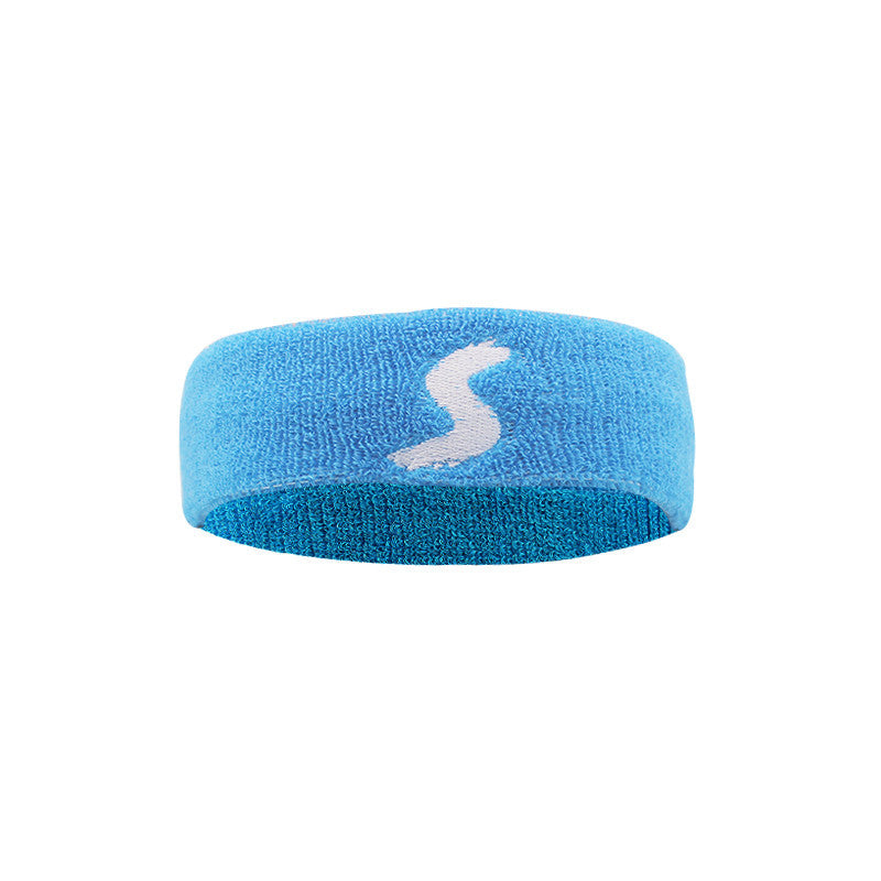 Blue headband with a white logo on a white background