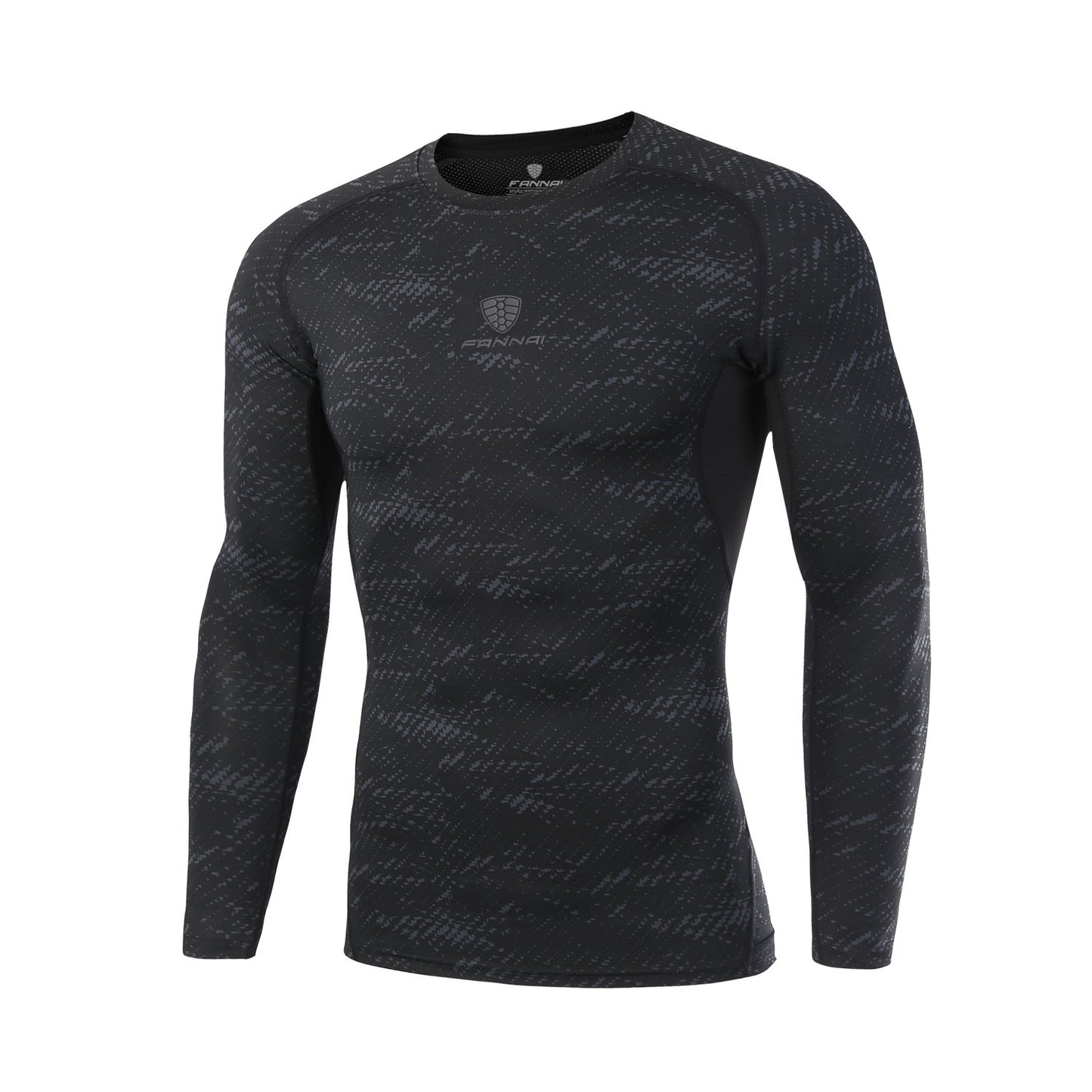 Black long-sleeve athletic shirt with subtle pattern on a white background