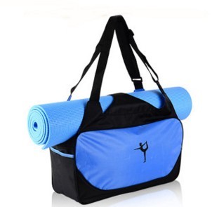 Blue and black gym bag with a yoga mat inside on a white background