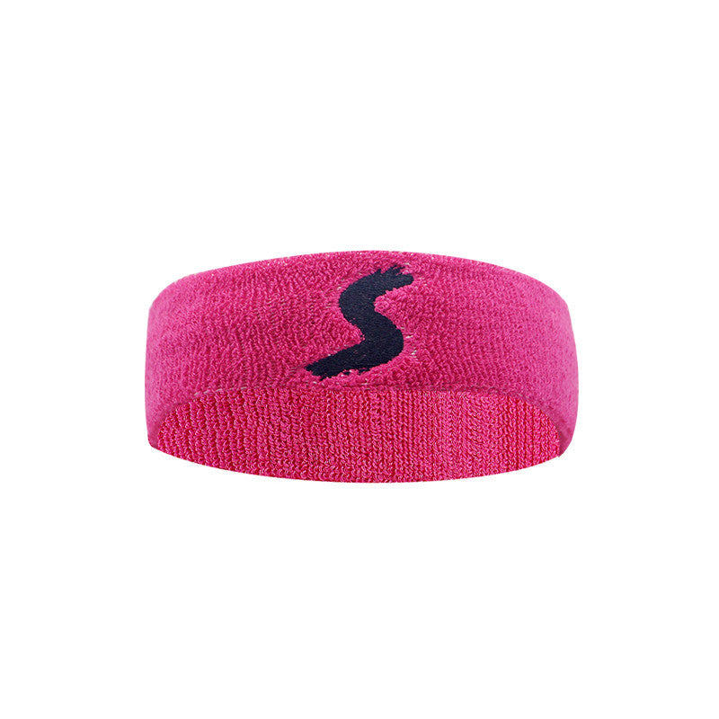 Pink headband with a black logo on a white background