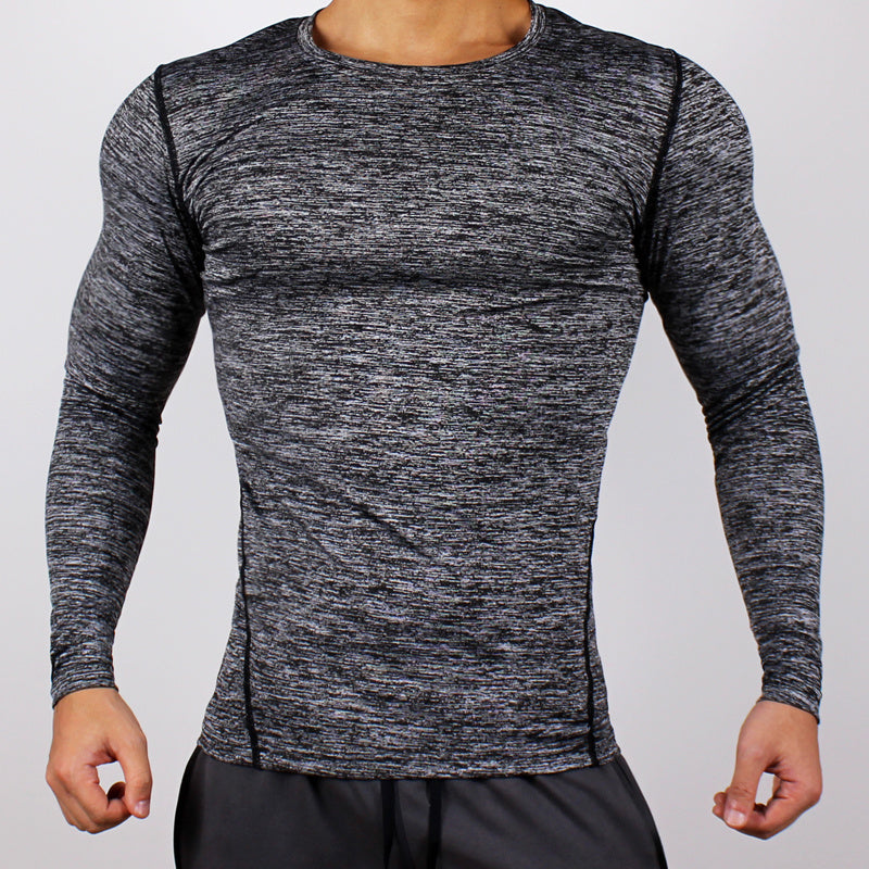 Gray long-sleeve athletic shirt on a plain background