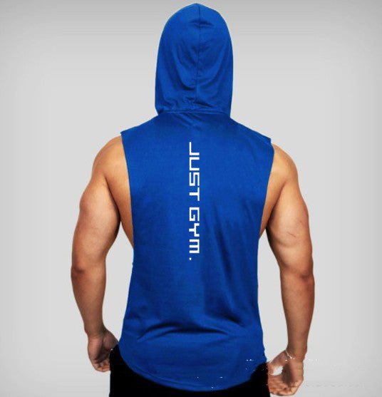 Person wearing a blue sleeveless hoodie with 'JUST GYM' text on the back against a gray background