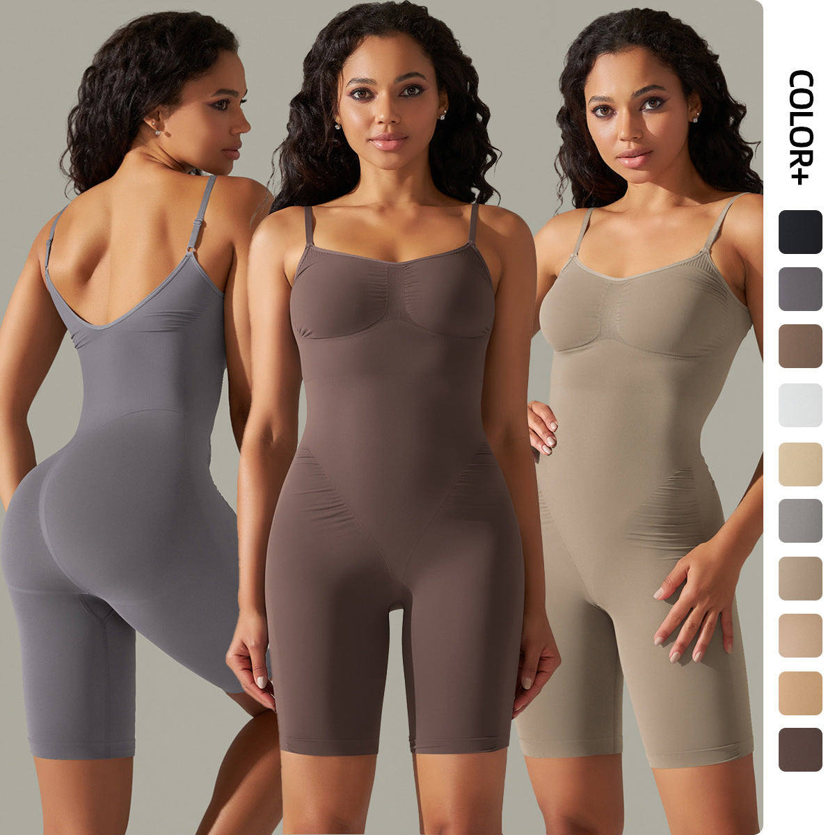 Three women wearing shapewear bodysuits in gray, brown, and beige on a neutral background.