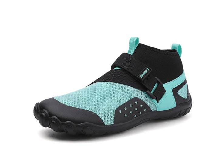 Teal and black water shoe with a strap on a white background