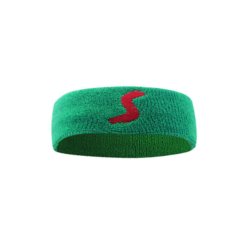 Green headband with a red logo on a white background