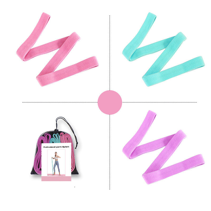 Set of resistance bands in pink, green, and purple with a carrying bag on a white background