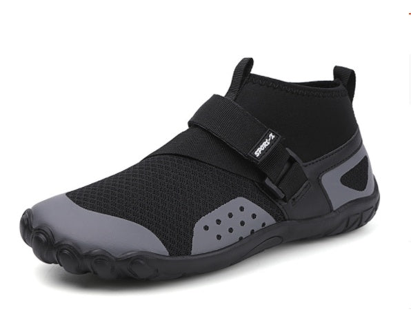 Black and gray water shoe with a strap on a white background
