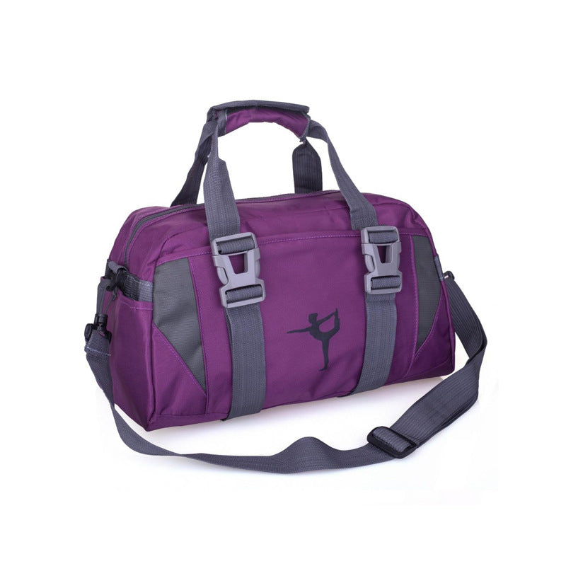 Purple duffel bag with gray straps on a white background