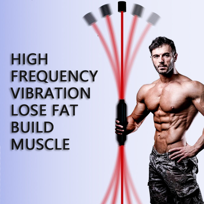 Man holding a high-frequency vibration device with text about fat loss and muscle building on a light blue background