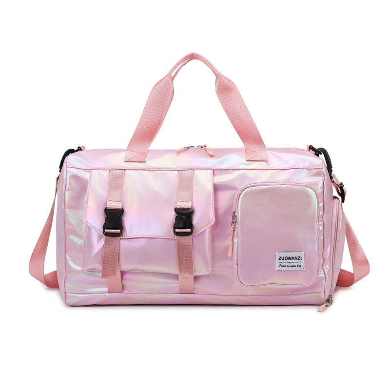 Pink duffel bag with straps on a white background