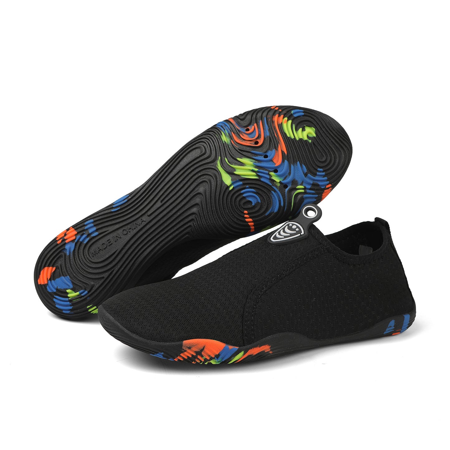Black water shoes with colorful sole design on a white background