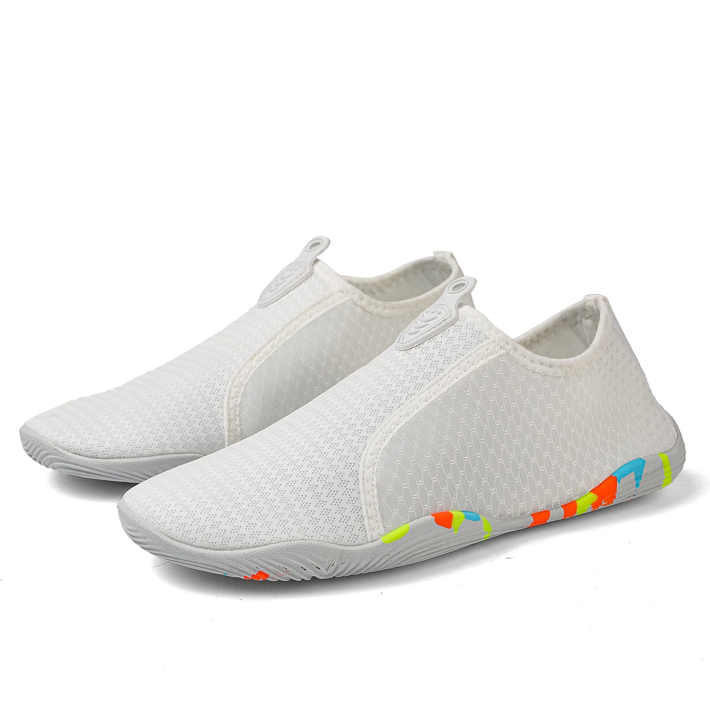 White slip-on shoes with colorful accents on a white background
