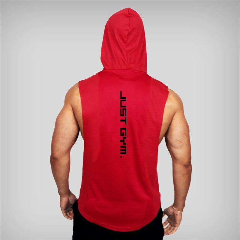 Red sleeveless hoodie with 'JUST GYM' text on the back against a gray background