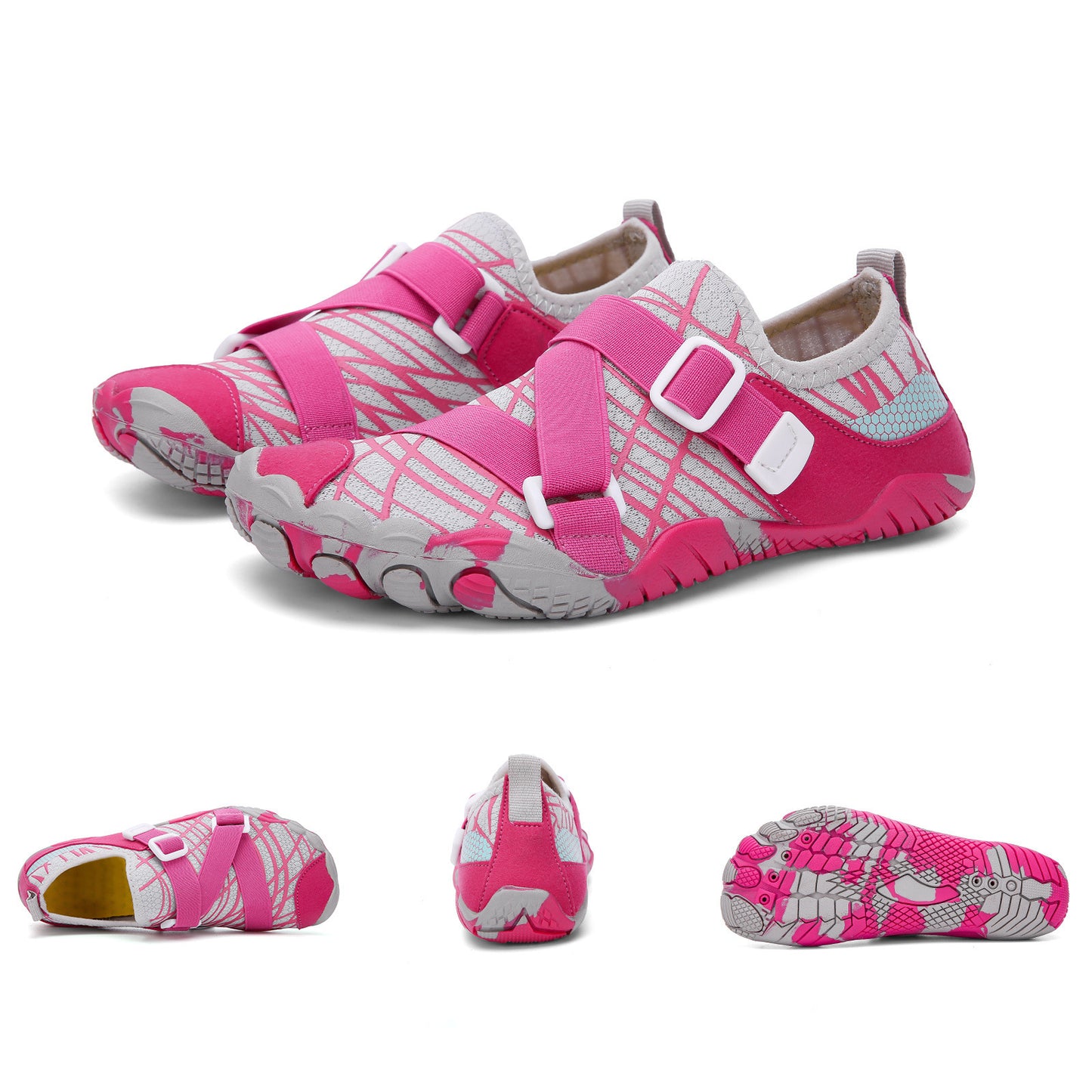 Pink and gray water shoes with unique sole design on a white background
