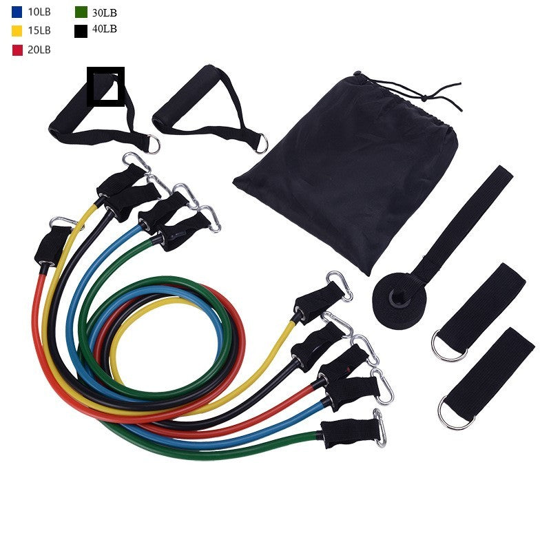 Set of resistance bands with various colors and attachments on a white background