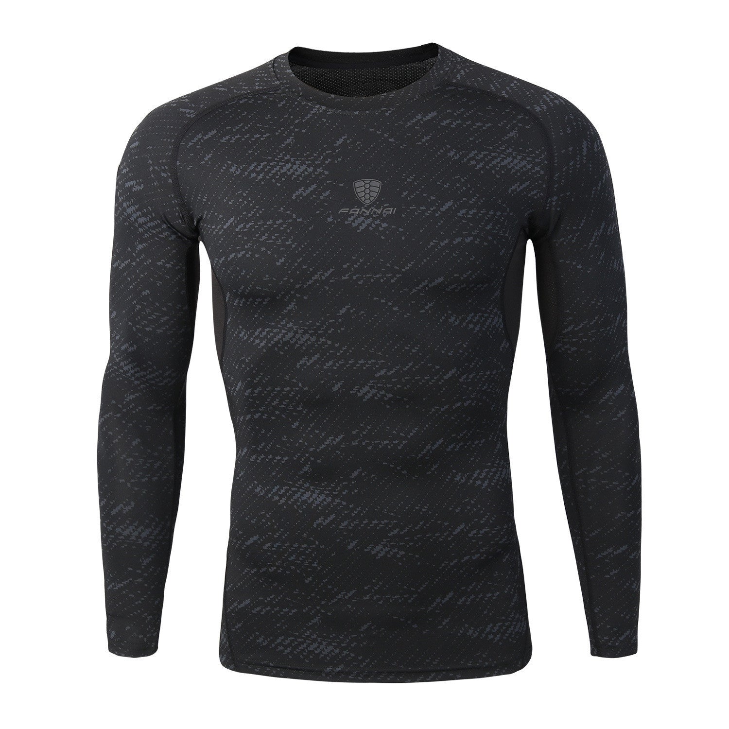 Black long-sleeve athletic shirt with subtle pattern on a white background