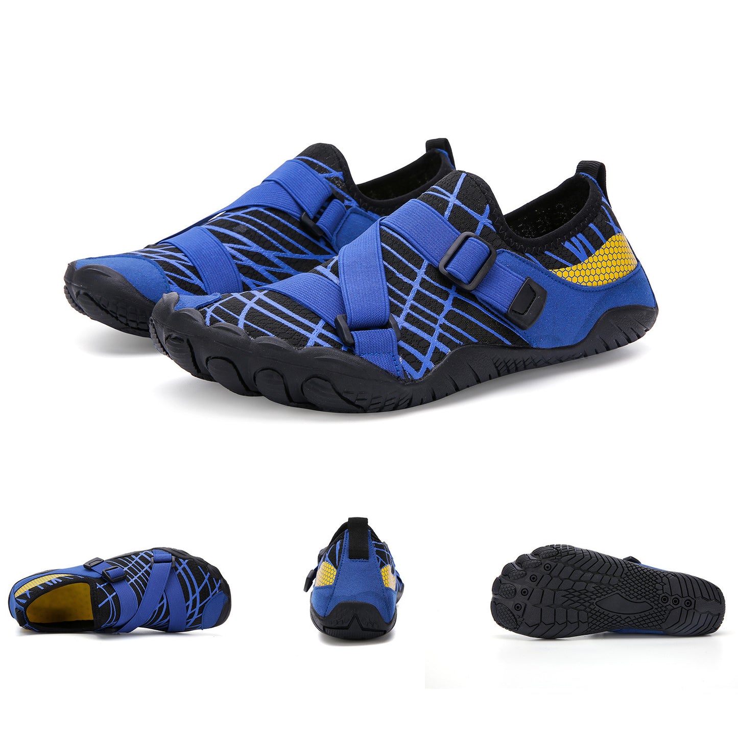 Blue and black water shoes with yellow accents on a white background