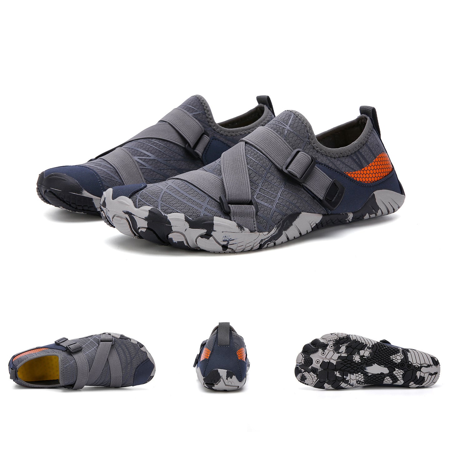 Gray and black shoes with orange accents on a white background
