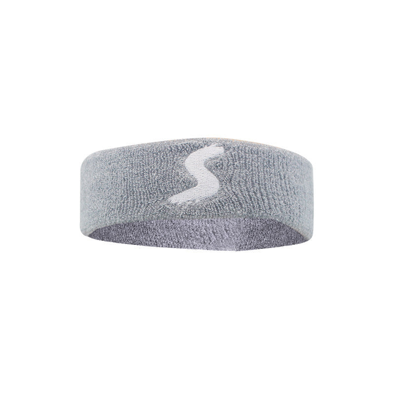 Gray headband with a white logo on a white background