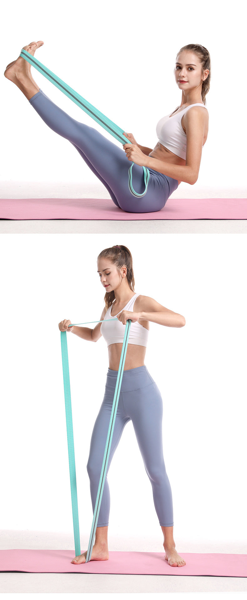 Woman using resistance bands on a pink mat with a white background