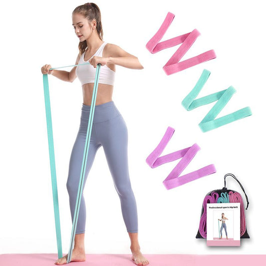 Woman exercising with resistance bands and a set of resistance bands displayed on a white background.