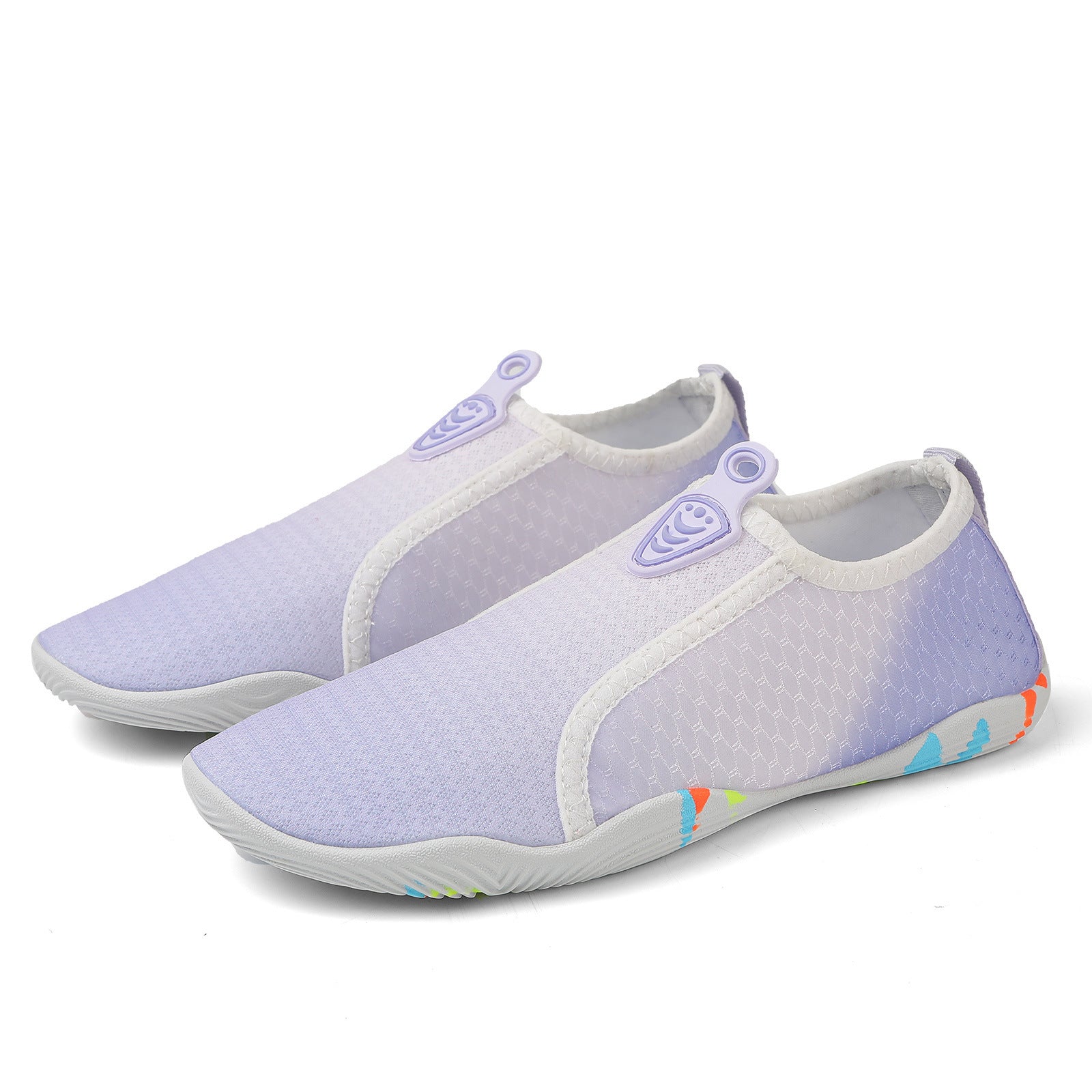 Pair of light purple water shoes with colorful accents on a white background